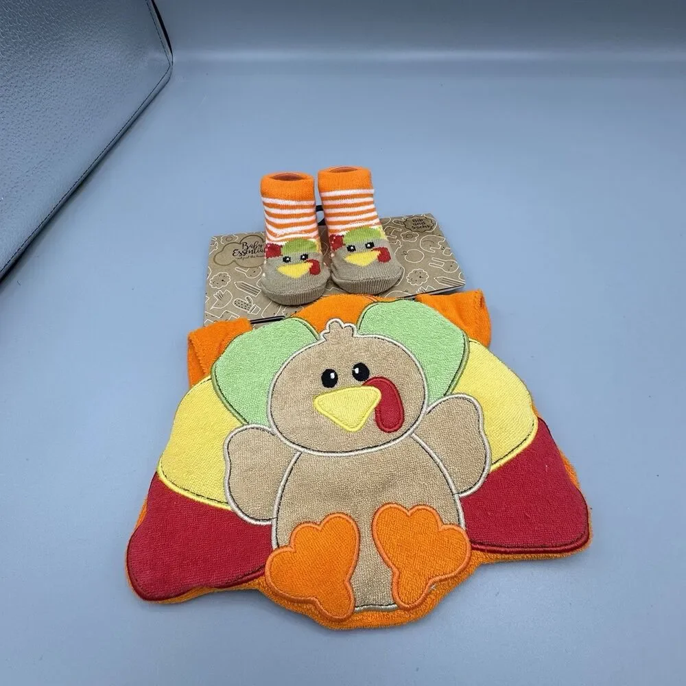 Baby Essentials Bib and Socks Turkey Thanksgiving Infant Baby Shower 0-6 Mon